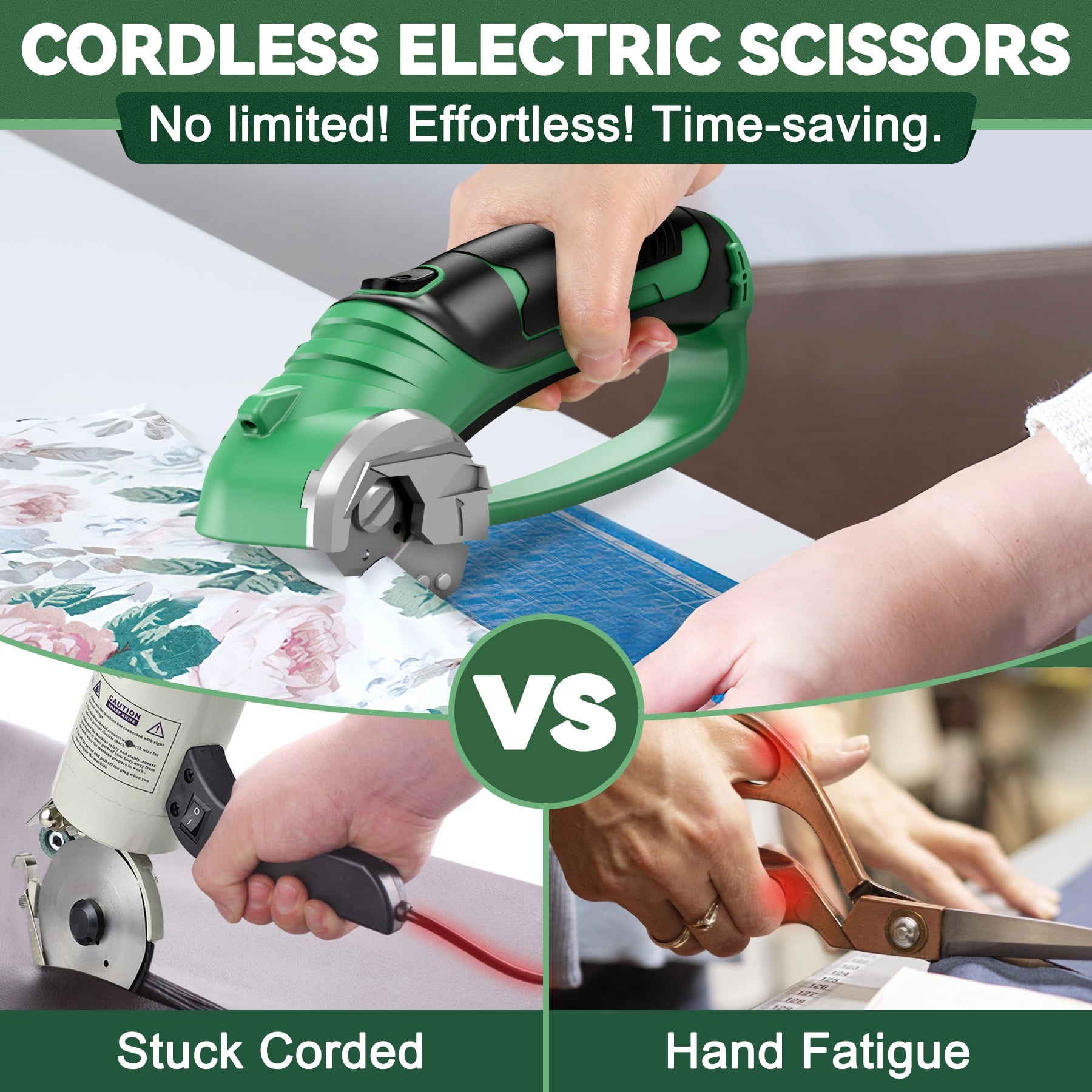 Jellas Cordless Electric Scissors, Cardboard Cutter, Rechargeable Powerful 4V Scissor Cutting Tool for Cardboard, Fabric, Leather, Green