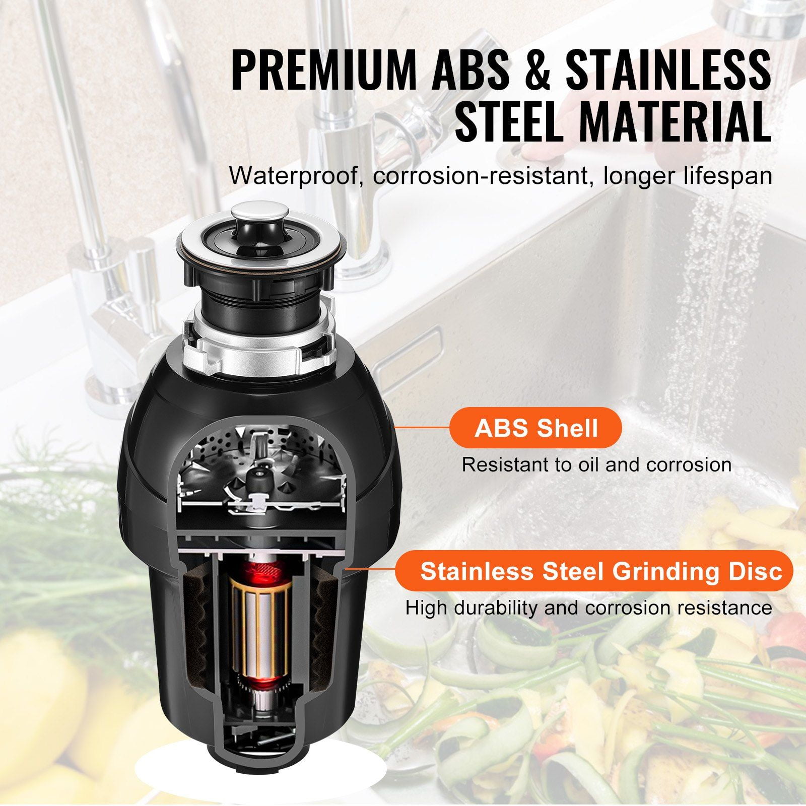 1HP 3270RPM Continuous Feed Garbage Disposal Food Waste Disposer with EZ Connect Grinding System Sound Reduction Power Cord Splash Guard for Kitchen Sinks