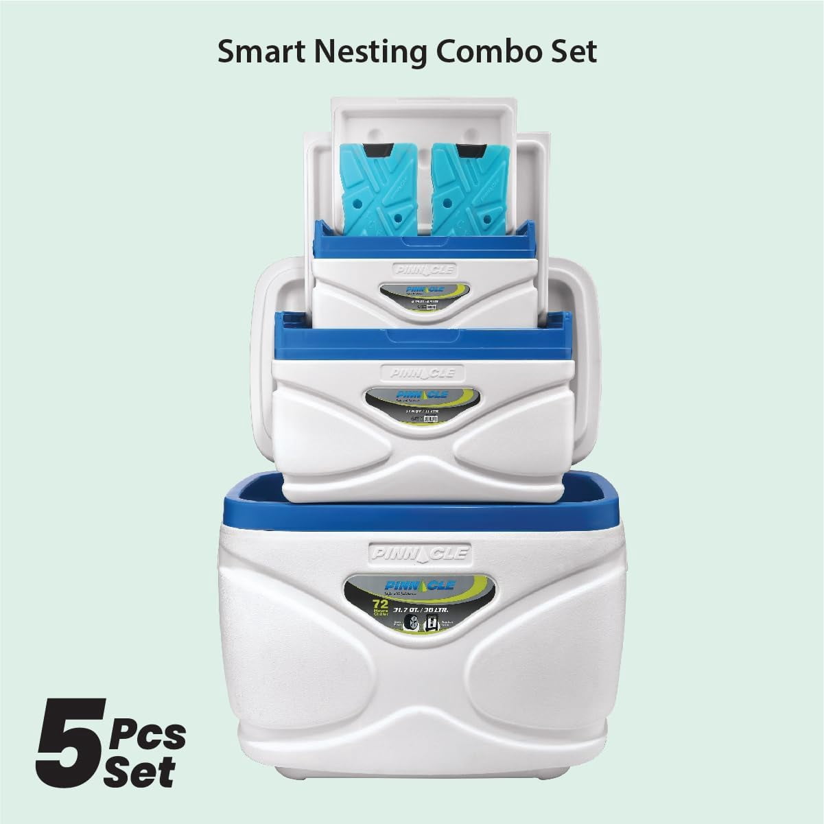Pinnacle 30L Cooler with Wheels Set, 3 Coolers with Ice Bricks, Cup Holder Lid, Marine