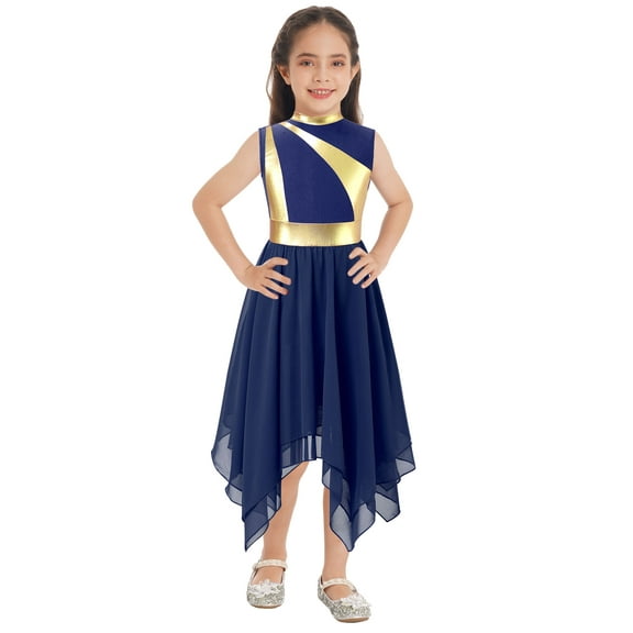Kaerm Kids Girls Praise Lyrical Dance Dress Liturgical Worship Church Dress Sleeveless Celebration Choir Robe Navy Blue 12