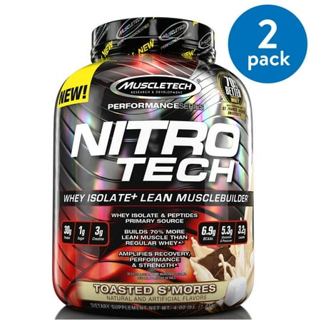 Nitro Tech Ingredients - (2 Pack) Muscletech Nitro Tech Whey Isolate Protein Powder, Toasted S'mores, 30g Protein, 4 Lb