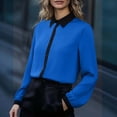 thumbnail image 2 of hotojiny Dressy Tops for Women Color Block Short Sleeve Silk Satin Blouse Regular Fit Button Down Business Casual Office Top, 2 of 6