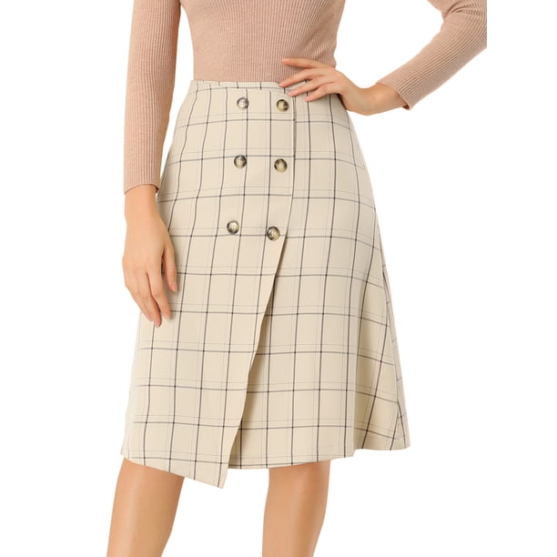 Falda de cintura alta a media pierna delantera con botones envolventes de imitación vintage a cuadros para mujer Beige S