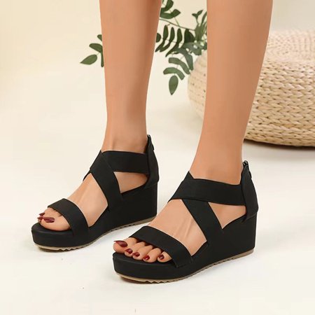 

FZM Women shoes Ladies Fashion Summer Solid Color Leather Open Toe Cross Elastic Wedge Sandals