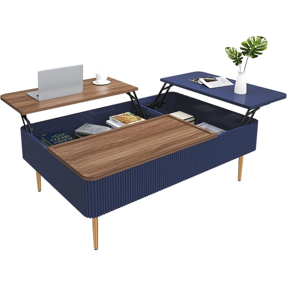 HLR 47" Dual Lift Top Coffee Table with Storage, Modern Wood Fluted Coffee Table with Hidden Compartment,Lift Tabletop Dining Center Table for Living Room, Office, Blue