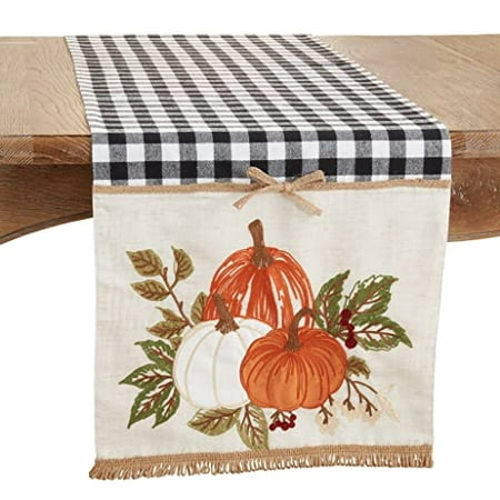 

Fennco Styles Harvest Pumpkins Plaid Table Runner 16 W x 70 L - Black & White Woven Table Cover for Banquets Fall Festivals Thanksgiving Holidays Special Events Kitchen and Home Décor