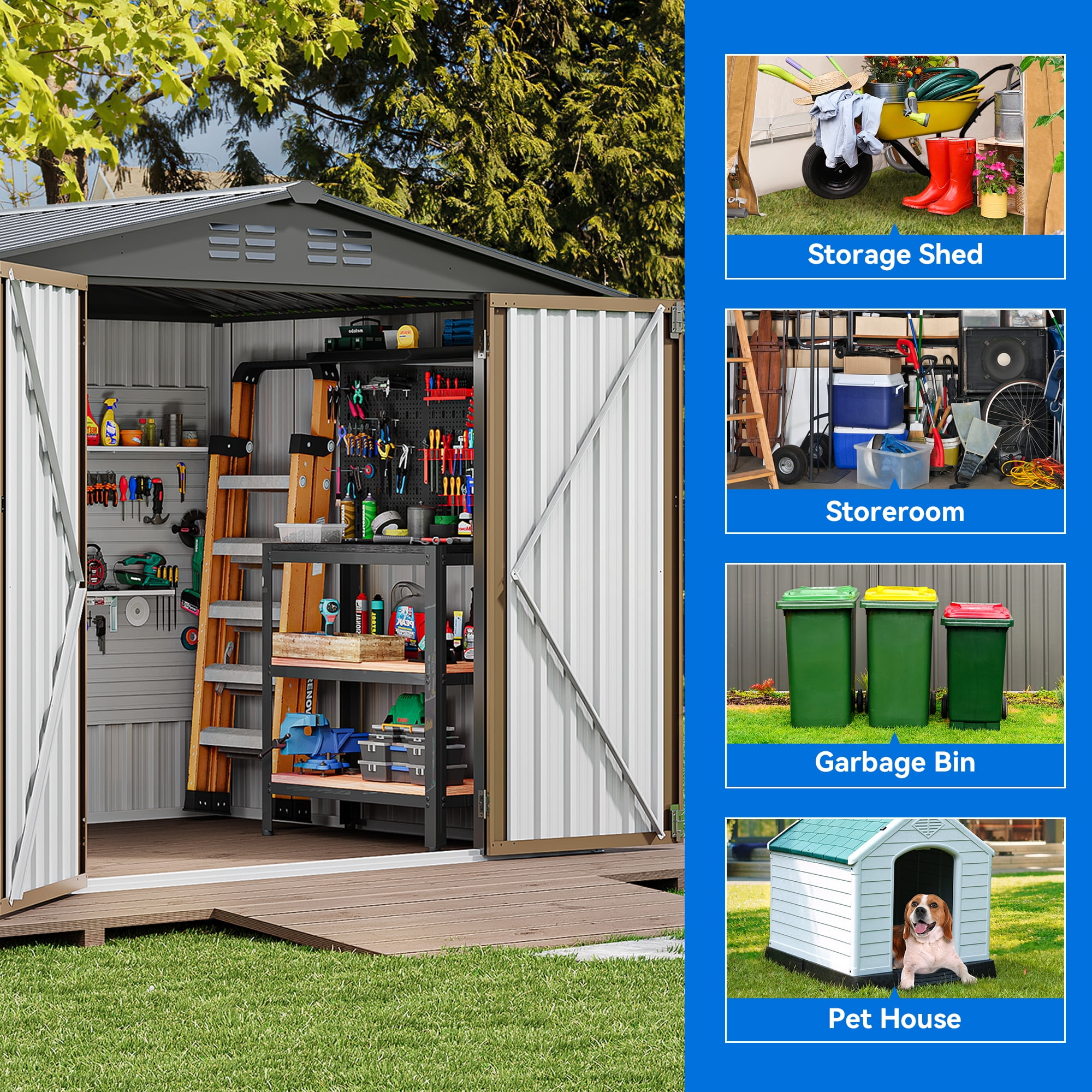 Dextrus 8x6 FT Outdoor Storage Shed with Lockable Doors & Air Vent, Large Metal Tool Sheds House for Backyard Patio to Store Bikes, Tools,Brown