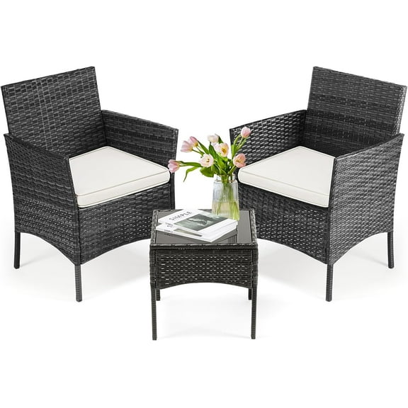 3-Piece Patio Bistro Set, Outdoor Rattan Chairs and Coffee Table, Small Balcony & Poolside Furniture Conversation Set