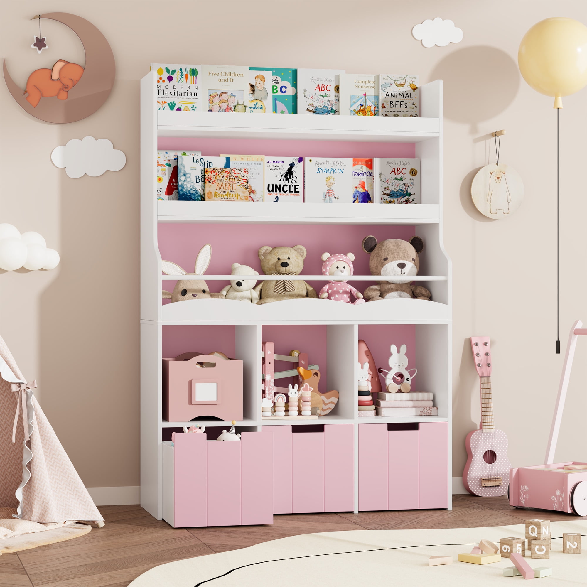 Homfa 55.5” H Kids Bookshelf with 2-Tier Book Shelves, Children Toy Organizer with 3 Cubes and Removable Drawers, Pink & White