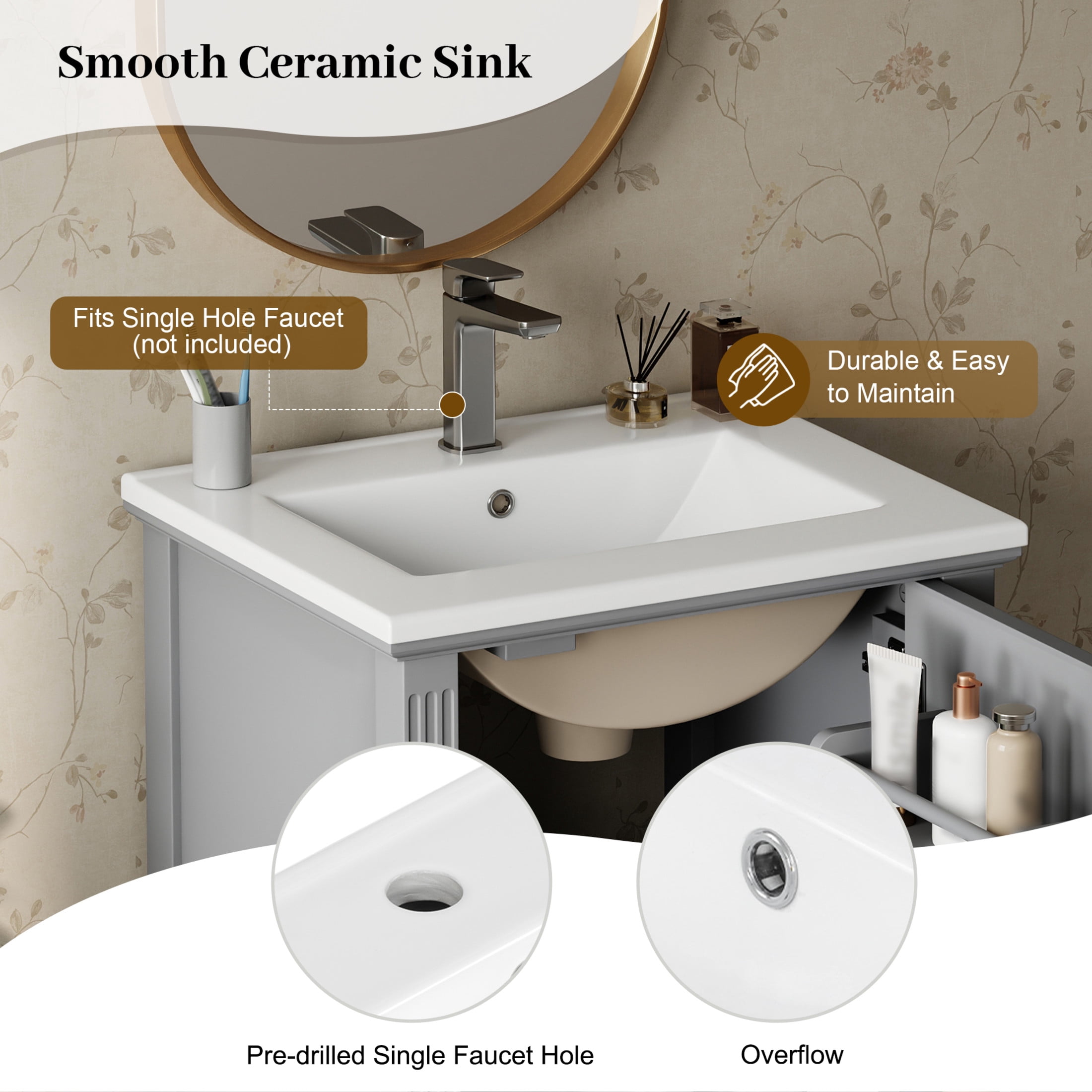 Christopher Knight Home 20" Solid Wood Bathroom Vanity with Sink, Drawer and Soft-Close Door, Gray