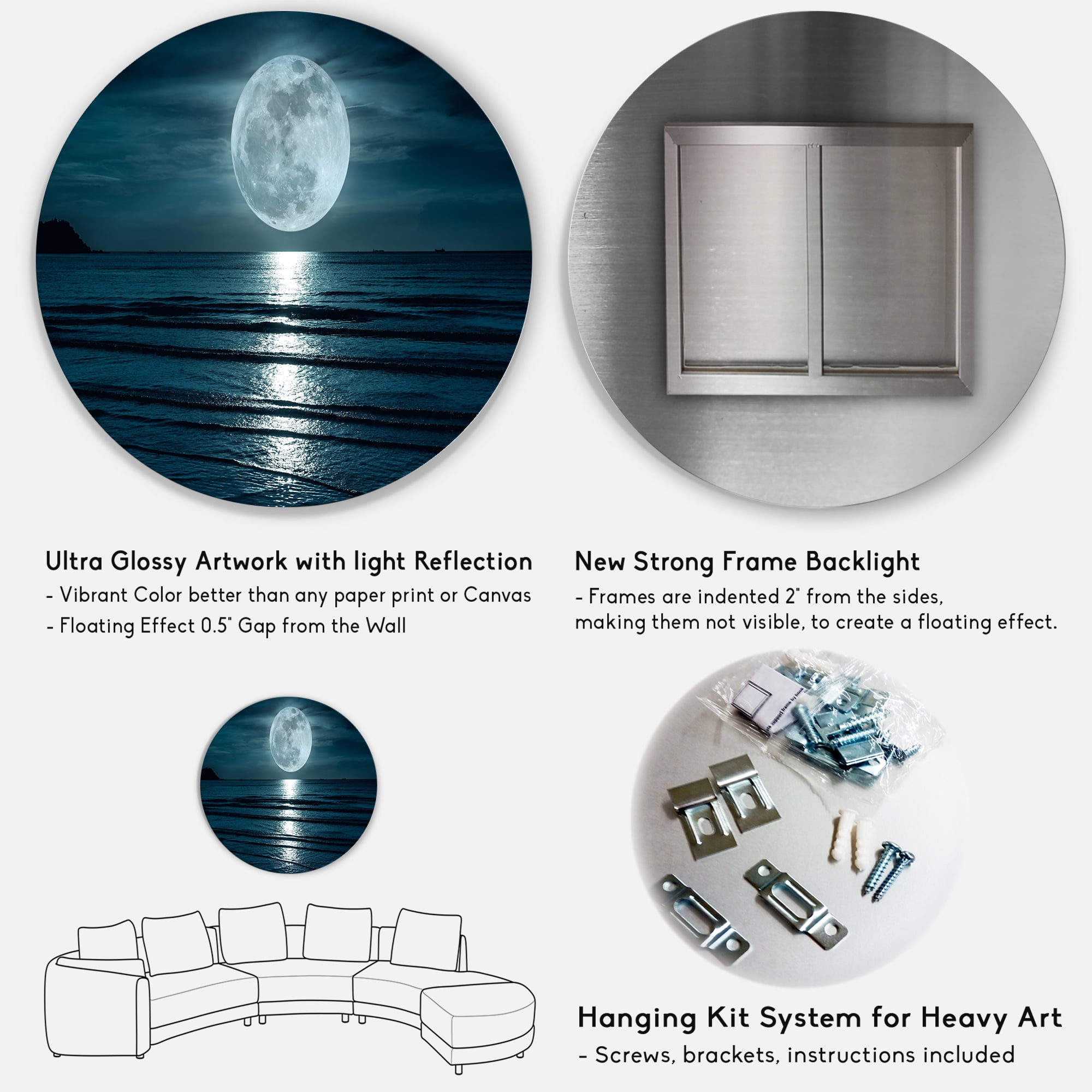 Designart 'Super Full Moon Over The Sea I' Modern Circle Metal Wall Art 29x29 - Disc of 29