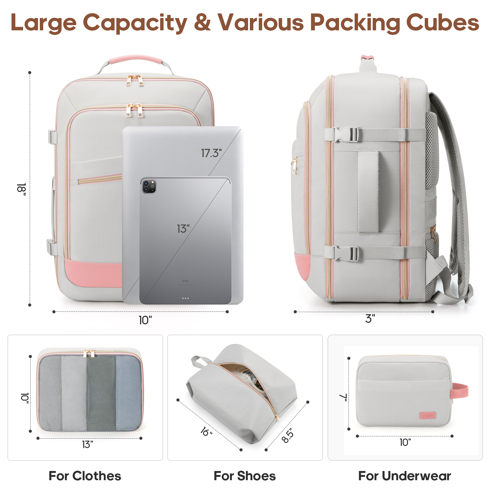 UKEIN 40L Travel Backpack Women Gray photo 7