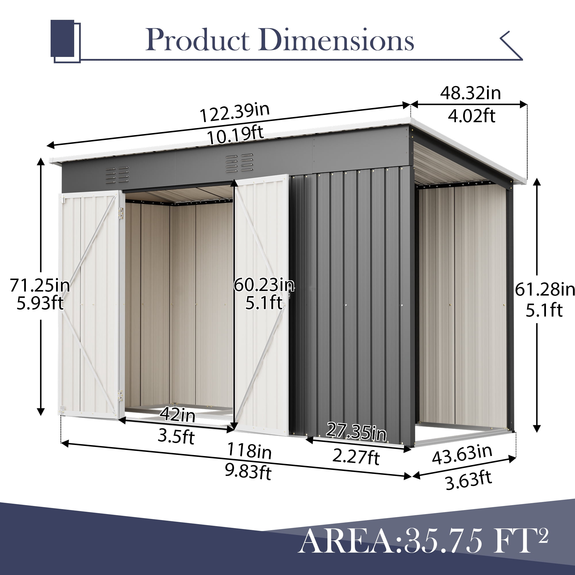 Leumius 10x4Ft Outdoor Metal Storage Shed with Lockable Door with Floor Frame for Patio Backyard Garden Gray