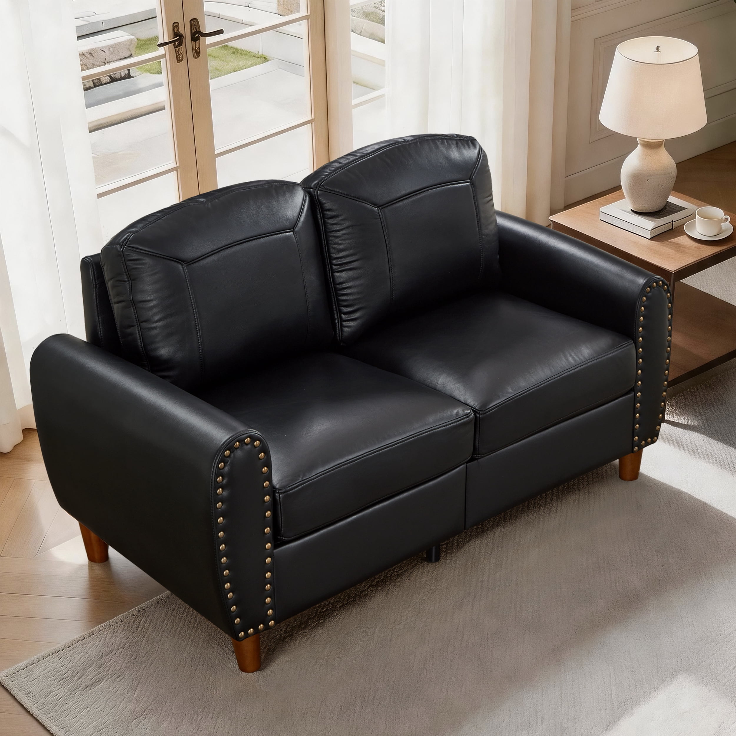Mid-Century Modern Faux Leather Loveseat Sofa,59"W Classic Rolled Arm 2-Seater Sofa Couch with Brass Nailhead Trim & Solid Wood Legs,Apartment,Living Room Furniture,Black