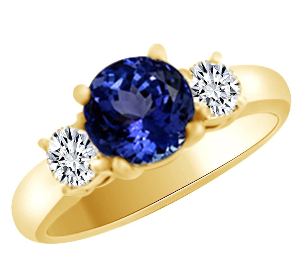 (1.56ct) Simulated Blue Tanzanite & White Diamond Three Stone Engagement Ring In 14k Solid Gold With Ring Size 4 by Jewel Zone US