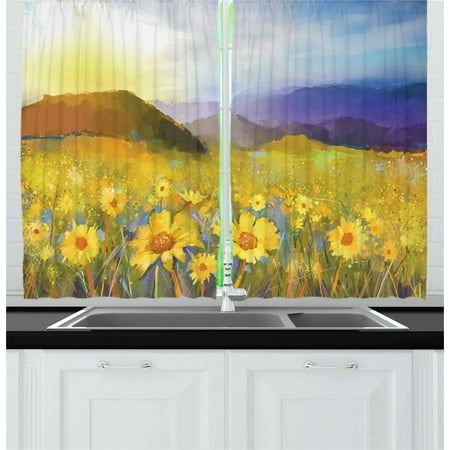 Fine Bedroom Sets Fine Art Curtains 2 Panels Set, Daisy Flower Blossom Meadow Painting with Hills Sunset Spring Season Foliage Image, Window Drapes for Living Room Bedroom, 55W X 39L Inches, Multicolor, by Ambesonne ()
