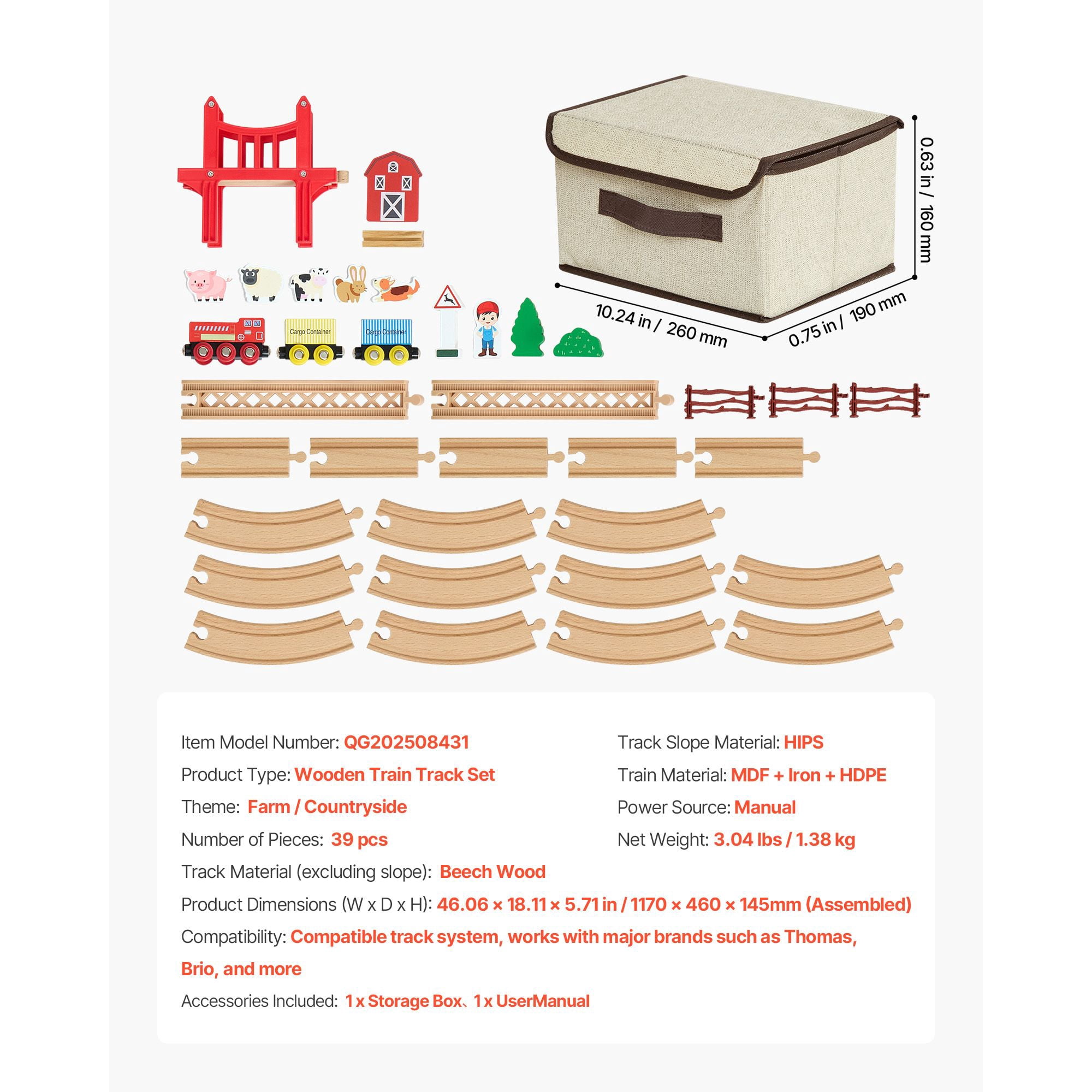 Wooden Train Set 39PCS Magnetic Trains Compatible with Major Brands for Kids Ages 3-8 Birthday Christmas Toy