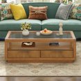 thumbnail image 2 of Display Coffee Table with Open Storage Shelf and 2 Drawers, Rectangular Center Table with Transparent Tempered Glass Top, Wood Sofa Table for Living Room, 2 of 8