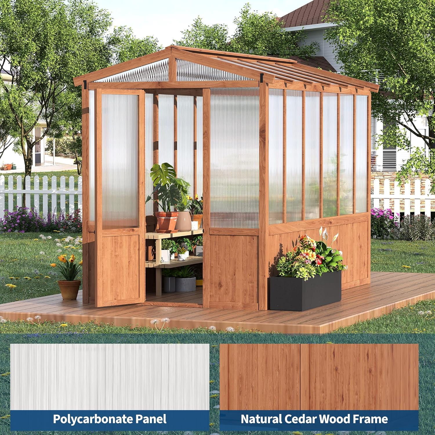 6x10 FT Walk-in Wooden Greenhouse – Cedar Wood Frame, Clear Polycarbonate Panels, Roof Vent, Outdoor Wood Greenhouse for Garden, Backyard & Patio