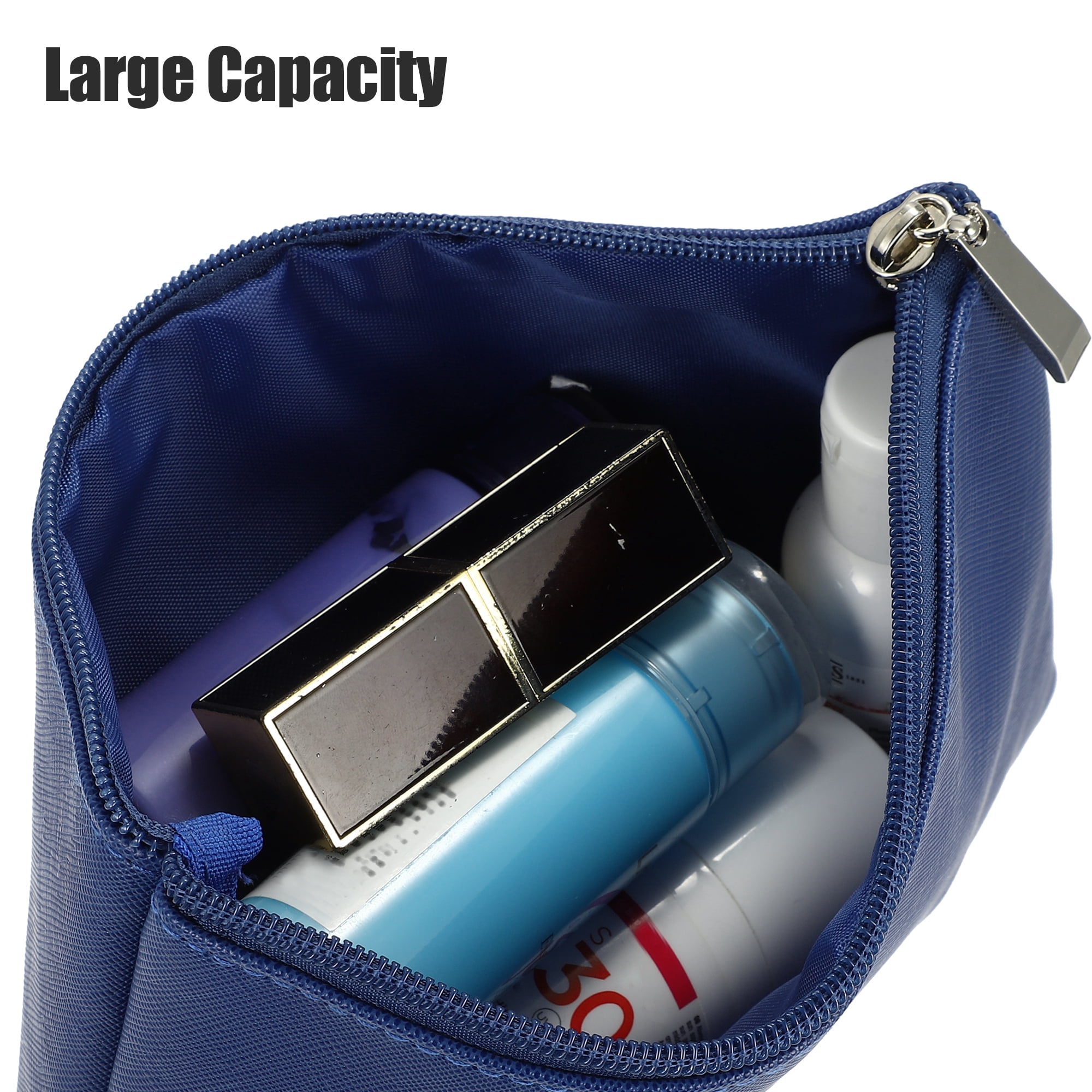 Unique Bargains 1Pc Travel Double Makeup Bag Portable Durable PU Leather Dark Blue M