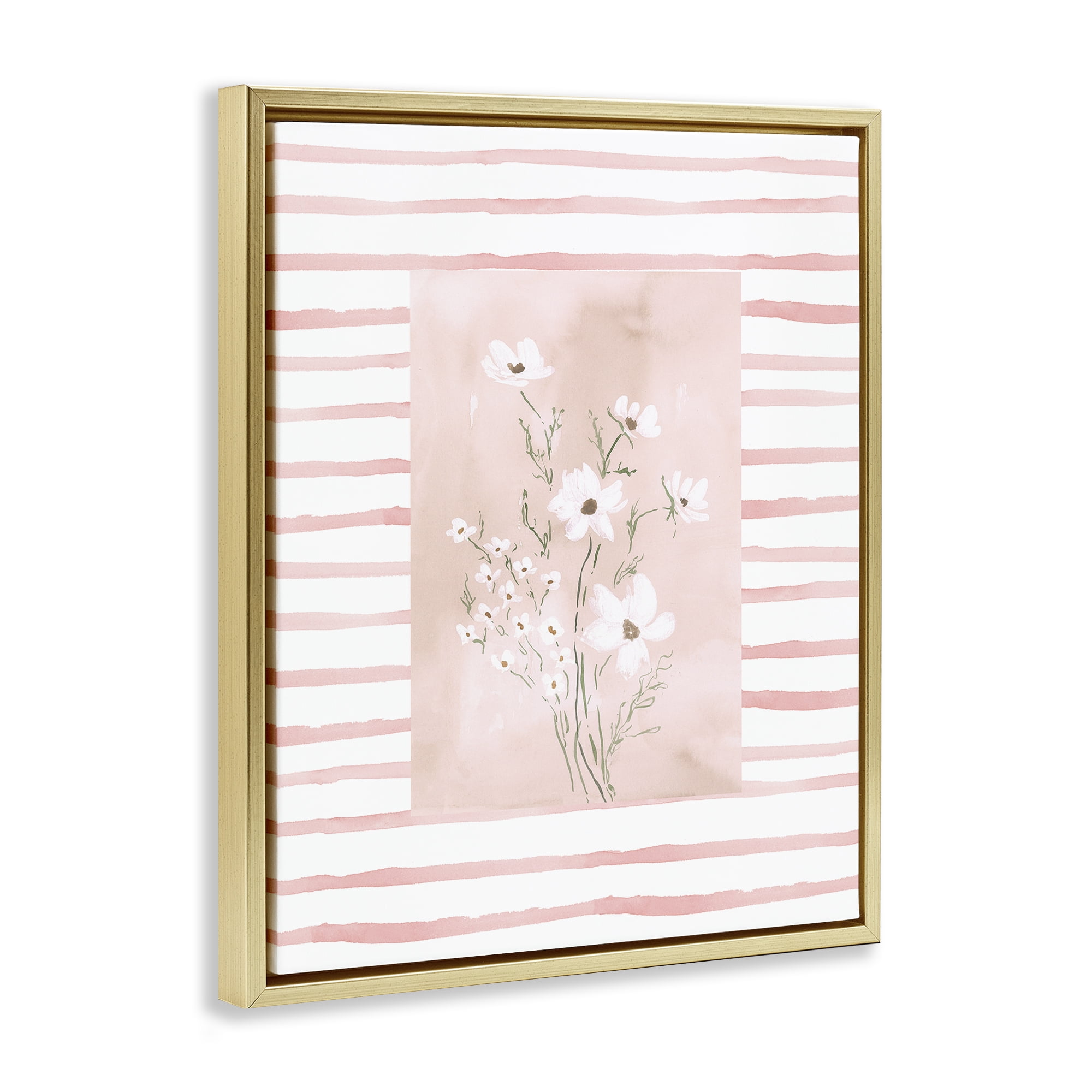 Stupell Industries White Cosmos on Pink Stripes Gold Framed Floater Canvas Wall Art, design by Lucille Price