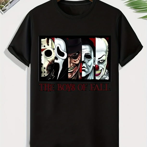 Patrón de miedo Impresión gráfica Top creativo para hombres, camiseta casual de manga corta con cuello redondo, ropa de hombre para actividades al aire libre en verano
