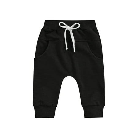 

Canrulo Newborn Baby Boys Causal Trousers Pants 3 Colors Elastic Waist Drawstring Plain Loose Fit Long Pants Black 6-12 Months