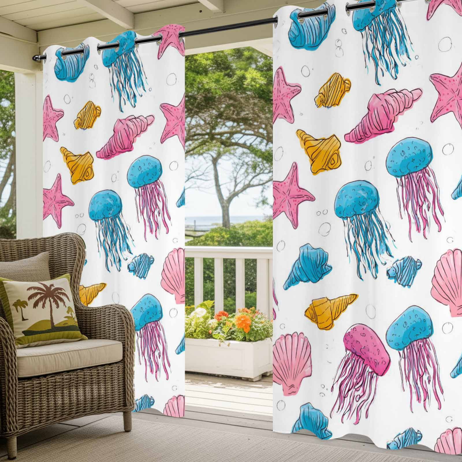 Marine Life Outdoor Curtains for Patio, Nautical Ocean Pink Blue Yellow Jellyfish Starfish Shell Sunshade Privacy Drapes Grommet Waterproof Outside Curtains for Porch Balcony 54"x 108", 1 Panel