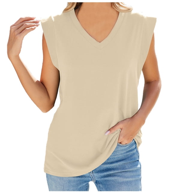 Mrat Débardeurs Extra Longs pour Femmes Mode Décontractée Couleur Unie Sans Manches Débardeurs à Col en V Débardeurs Crochet pour Femmes P-391 Beige TTG