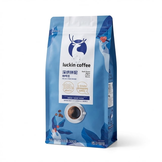Luckin Coffee Mélange de Grains de Café Torréfaction Foncée 500 g – Café en Grains Arabica de Qualité Supérieure / Arôme Audacieux et Fini Lisse
