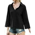 thumbnail image 3 of Women Pocket Long Sleeve Stand Collar V Neck Solid Color Shirt, 3 of 7