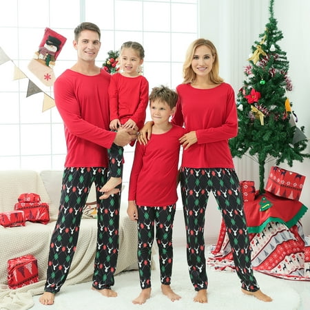 

Pudcoco Christmas Pajamas for Family Long-Sleeve Tops with Printed Pants Suit for Adults Kids Baby Red Black