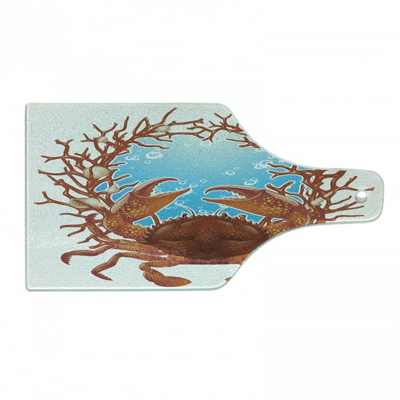 Seashells Cutting Board, Crab Spiral Seashells and Red Coral Frame Aquarium Claws Nature, Decorative Tempered Glass Cutting and Serving Board, Wine Bottle Shape, Dark Orange Burgundy, by Ambesonne