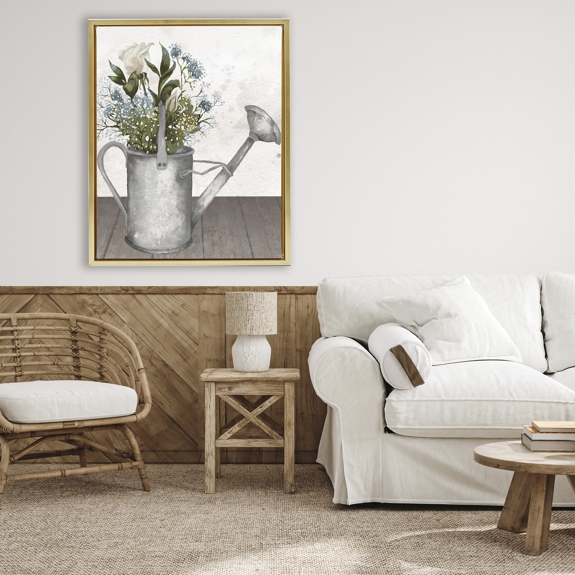 Stupell Industries Floral Pitcher Watering Can Gold Framed Floater Canvas Wall Art, design by Elizabeth Medley