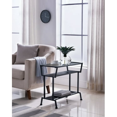 Davos Storage Accent Side Sofa Table, Black Metal & Tempered Glass