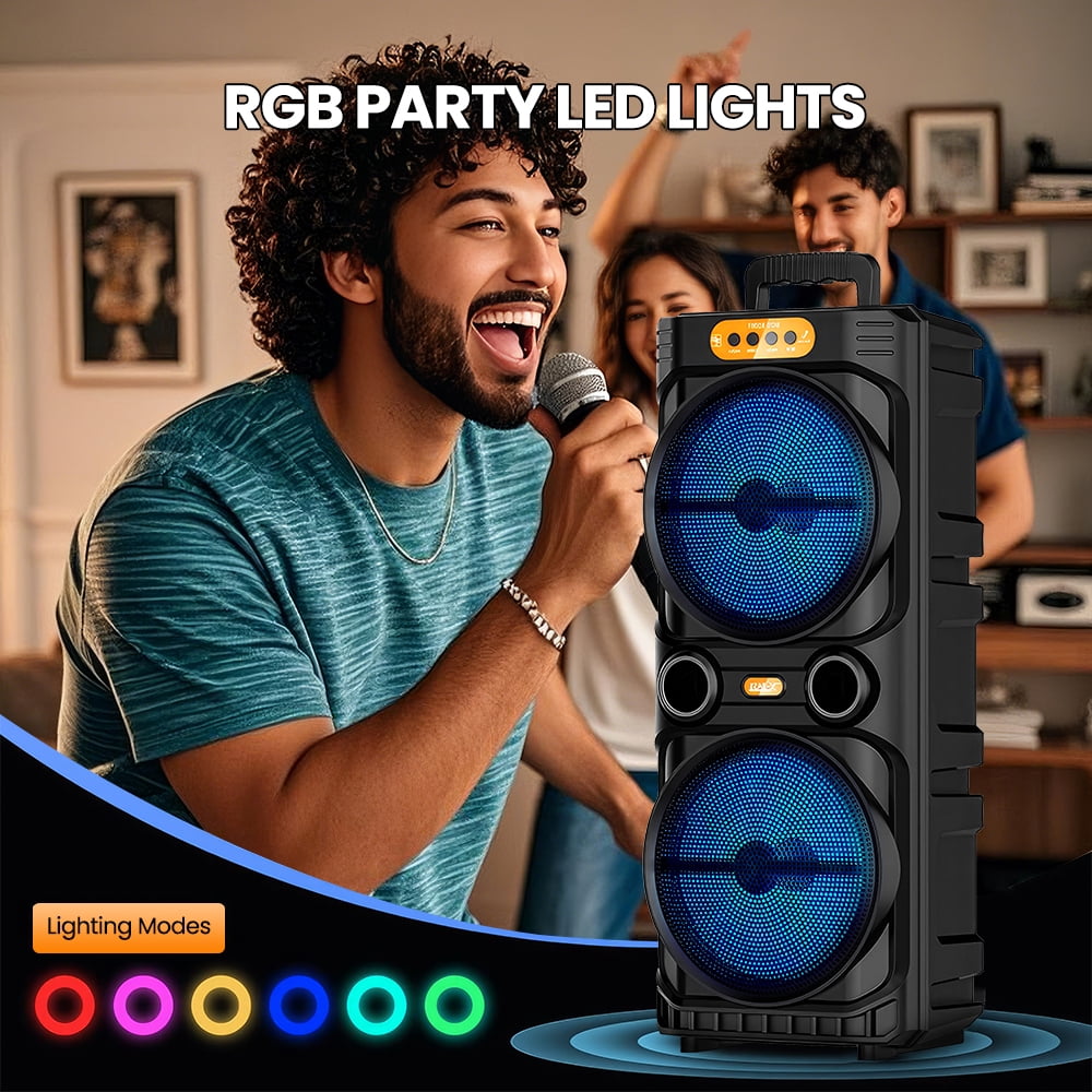 PEPWELL Portable Bluetooth Party Speaker Dual 8 Inch Woofers 2000W Peak Power - DJ RGB Lights, TWS Stereo, Bluetooth 5.3, Wireless Mic, Karaoke Machine, FM Radio, USB TF AUX, Heavy Bass Subwoofer
