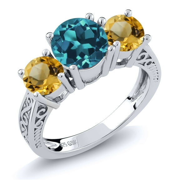 Gem Stone King 3.15 Ct Round London Blue Topaz Yellow Citrine 925 Sterling Silver Ring (Size 9)
