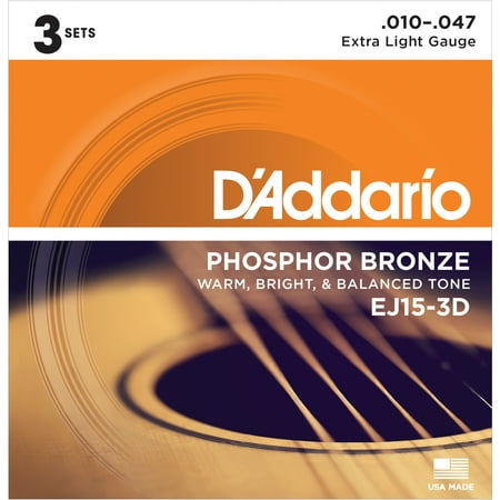 D'Addario EJ15-3D Phosphor Bronze Acoustic Guitar Strings, Extra Light, 3