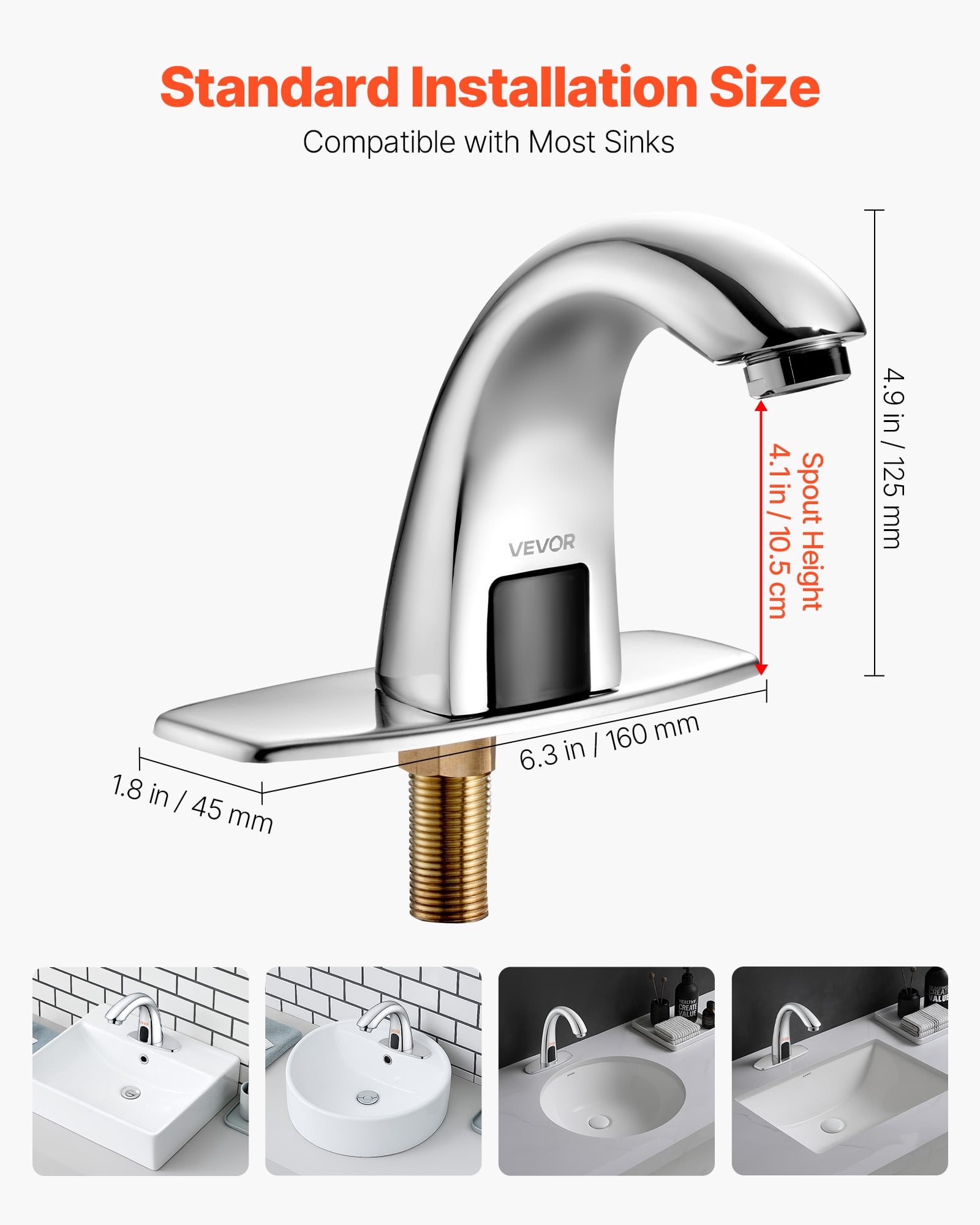 VEVOR Touchless Bathroom Sink Faucet, Automatic Motion Sensor Restroom Toilet Faucet with Hole Cover Plate, Battery Operated,Adjustable Temp for 9/16 in Pipe Commercial Lavatory,Chrome Plated Silver