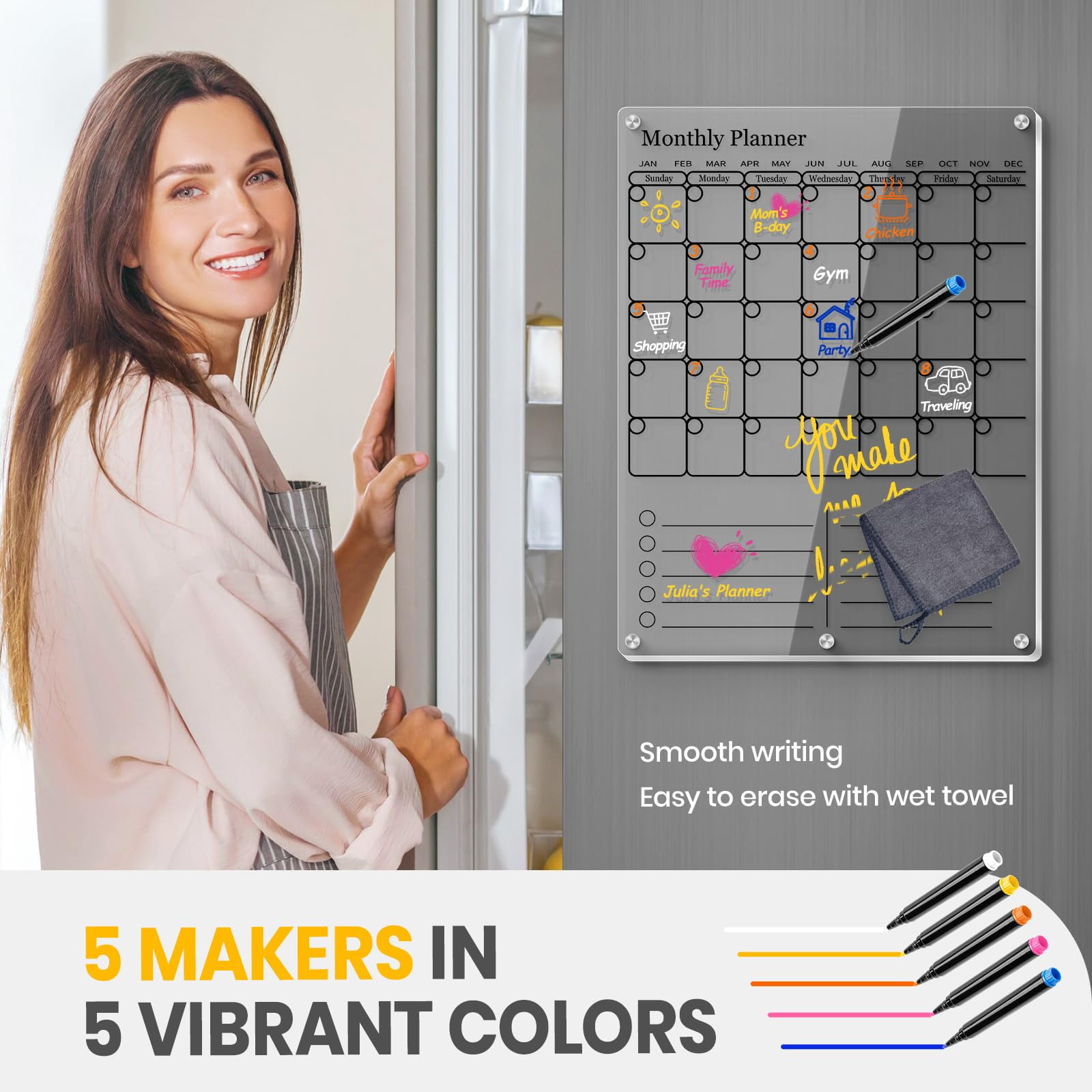 Clear Acrylic Magnetic Calendar for Refrigerator- Sleek Dry Erase Board & Chore Chart for Fridge, Perfect Family Organizer, Includes 5 High-Contrast Markers for Stainless Steel & White Kitchens