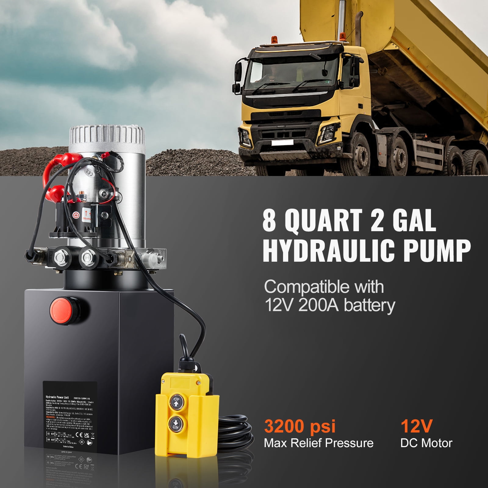 KFFKFF Hydraulic Pump, 8 Qt Power Unit, Double Action for Dump Trailers, 0.91 GPM, Max 3200 PSI, 12V DC for Vehicle Lifts