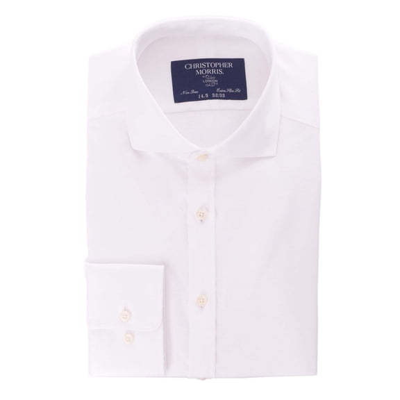 Mens Extra Slim Fit Solid White Twill Spread Collar Non Iron Cotton Dress Shirt