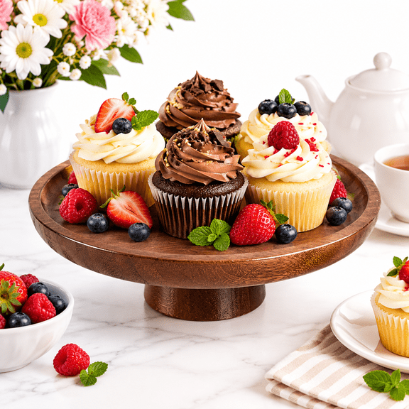 Wooden Cake Stand Tea Holder Bamboo Serving Tray Dessert Display Plate for Snack Muffins Anniversaries Centerpiece Brown