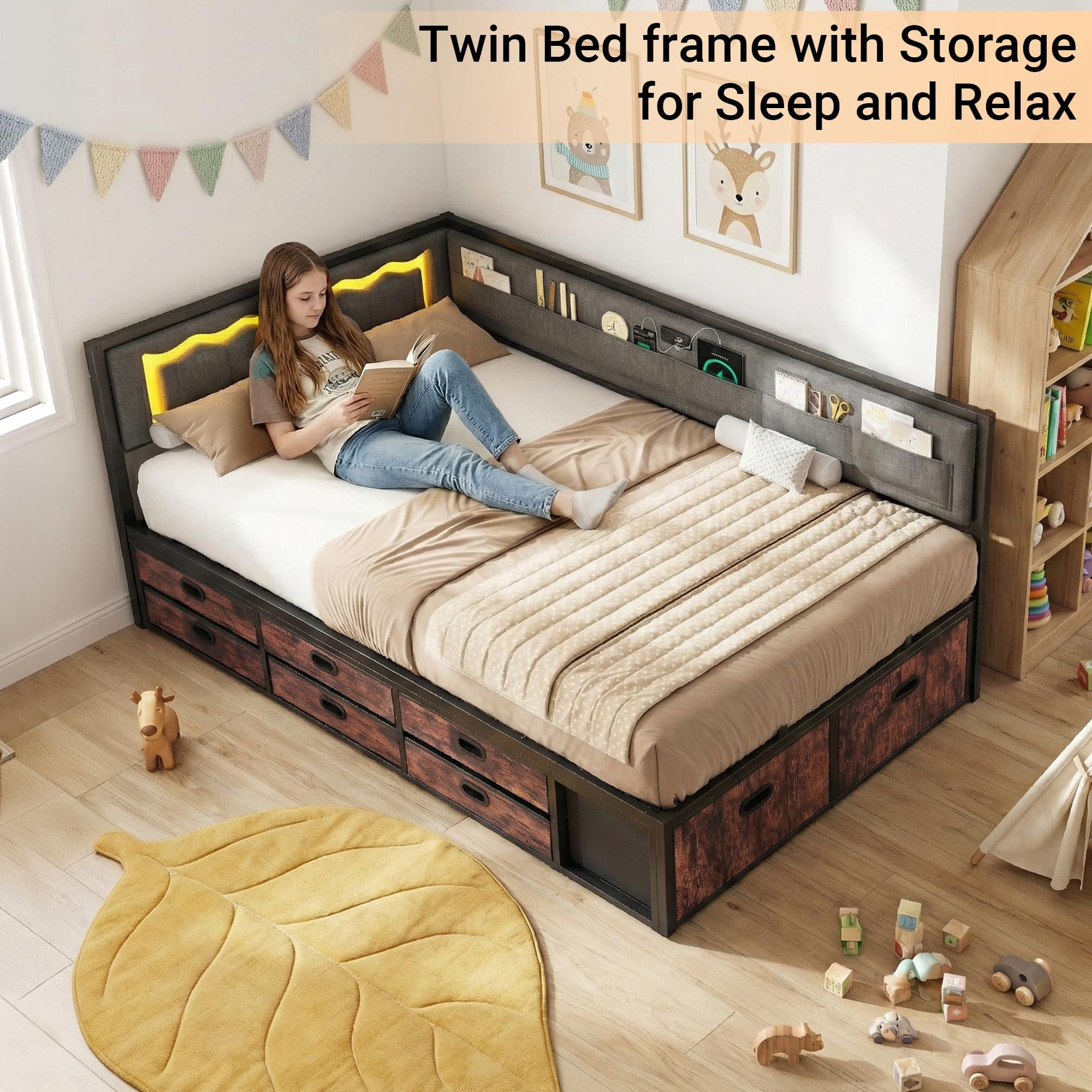 Miniyam Twin Daybed with Storage Drawers, Charging Station and LED Light, Reversible Upholstered Corner Bed Frame