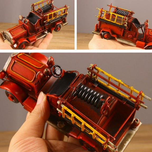 FONDOTIN Wrought Iron Car Model Red 1Pcs Firefighter Ornaments For Desk Accessory