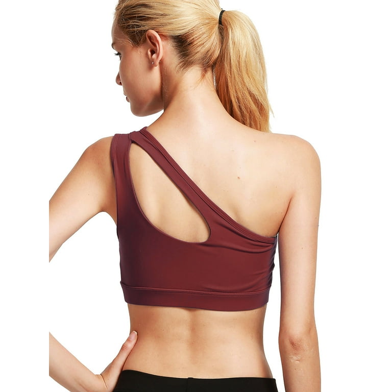 Elbourn Womens Workout Tops One Shoulder Sports Bra Removable Padded Yoga  Bra Post-Surgery Wirefree Sexy Cute Workout Top Medium Support 1 Pack