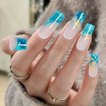 24Pcs Long Square Press on Nails Thick Fake Nails Blue French Tip False Nails with Fish Pattern Design Artificial Acrylic Nails Press ons Reusable Coffin Nail Holiday Glue on Nail for Women