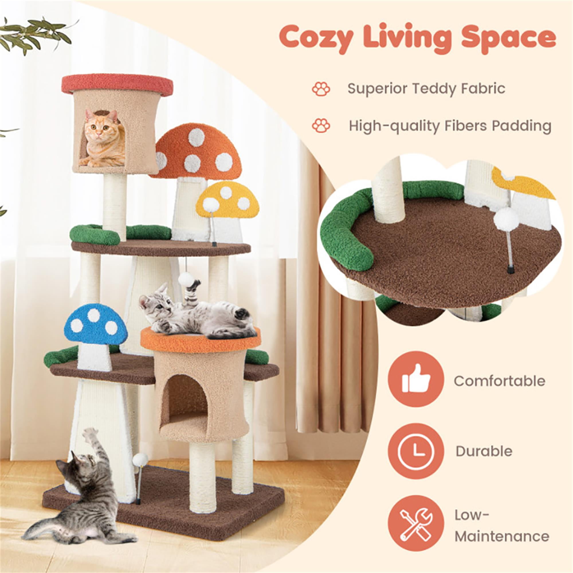 Kadyn 57" Cat Tree Tower with Sisal-Covered Scratching Post, 4-In-1 Mushroom Cat Condo with Padded Perch, for Small Spaces, Kittens, Multicolor