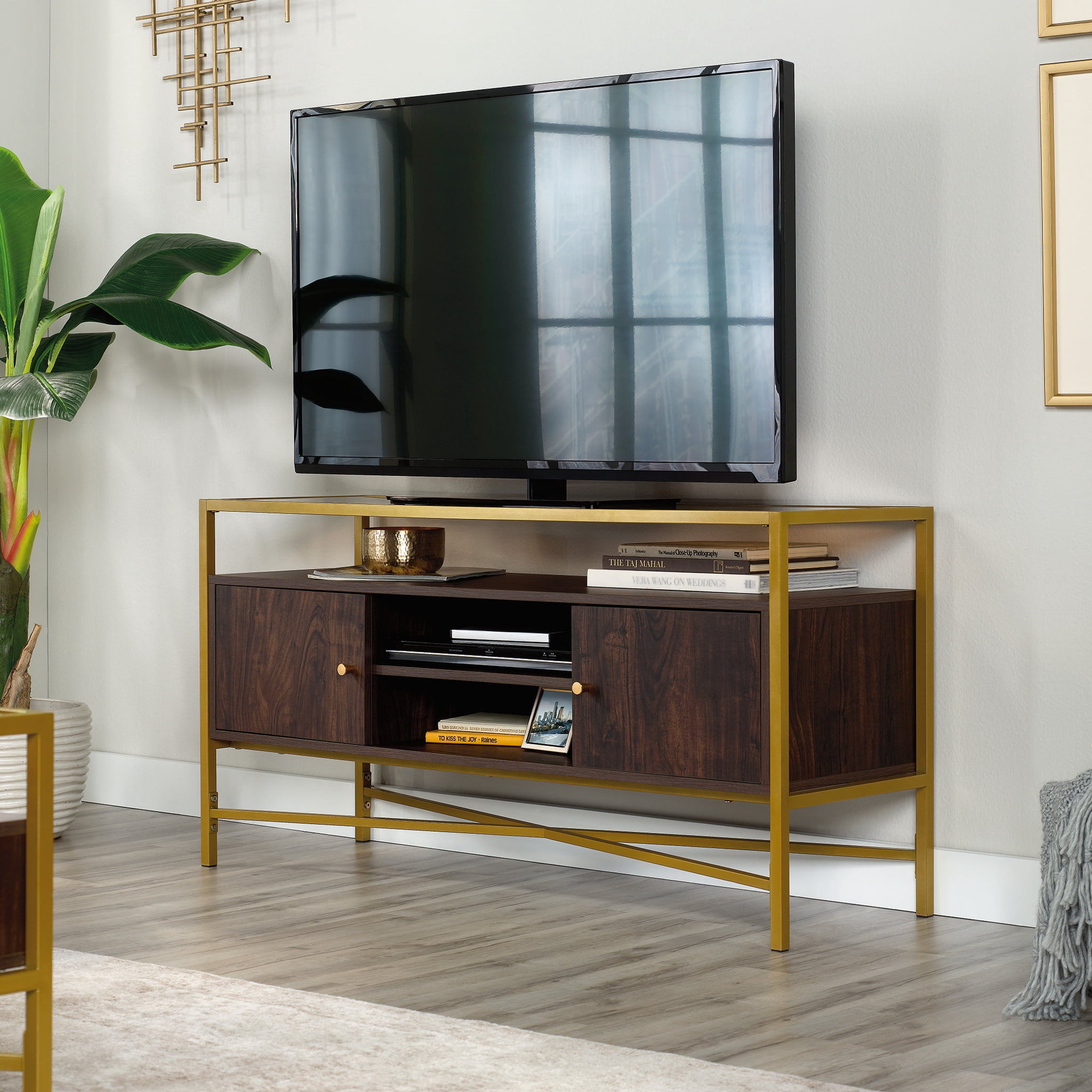 Sauder Curiod Glass Top Gold Metal TV Stand Credenza for TVs up to 55", Rich Walnut Finish