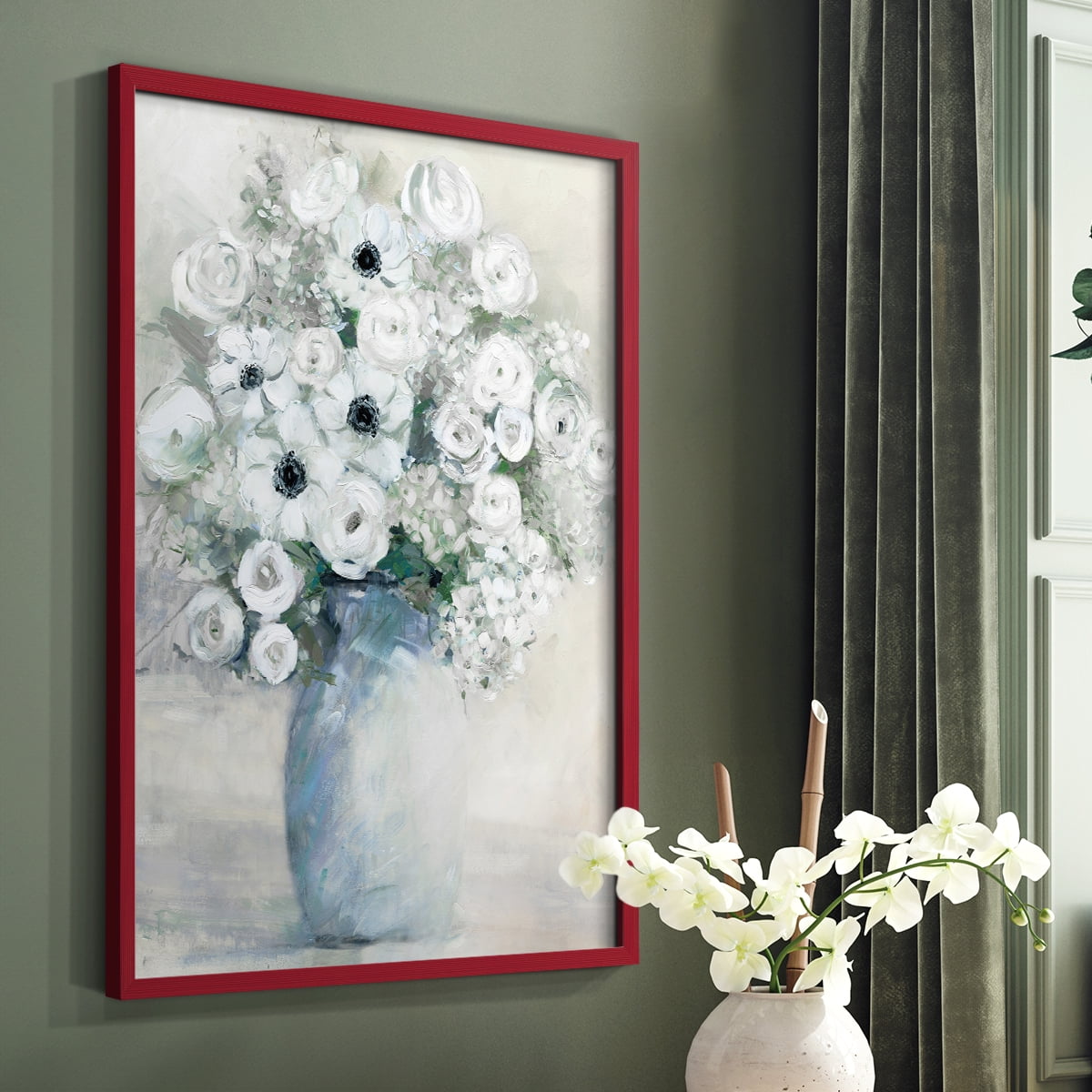 White Anemone Bouquet Framed Print in Red Solid Wood 8 x 10 Framed Print